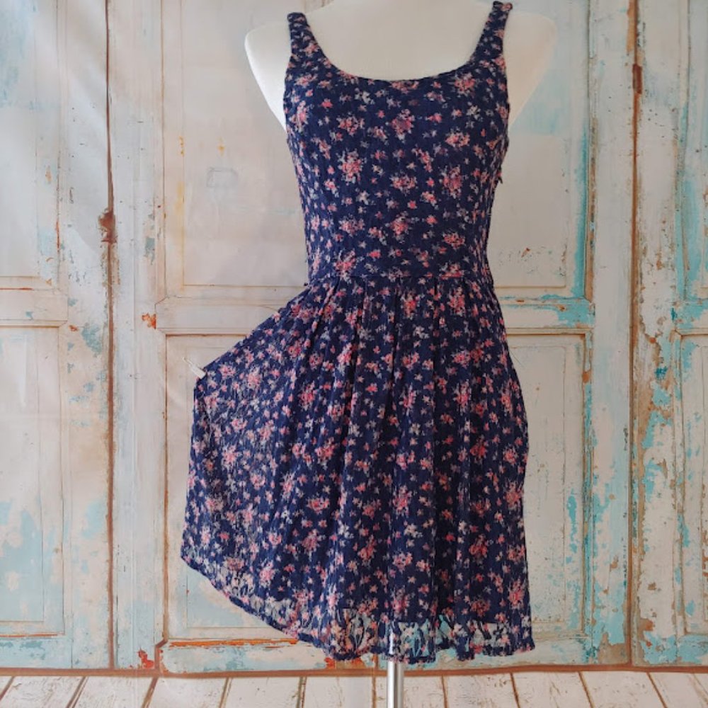 Heart Soul Sheer Floral Lined Dress w Zipper/Size XS/Blue Pink